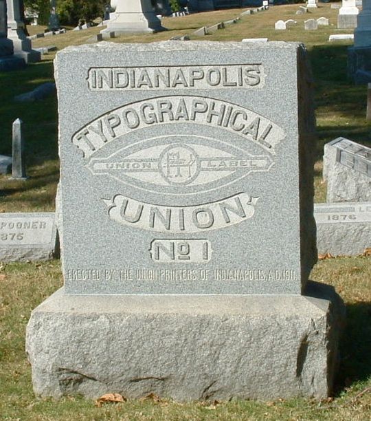 Indianapolis Typographical Union monument, Crown Hill Cemetery, Indianapolis, Indiana. Photo by Amy Crow, taken 27 September 2004, all rights reserved.