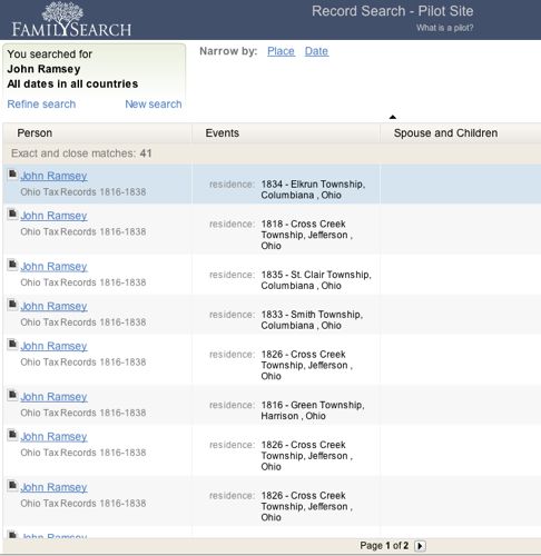 Results for John Ramsey in the Ohio Tax Records on FamilySearch.org.